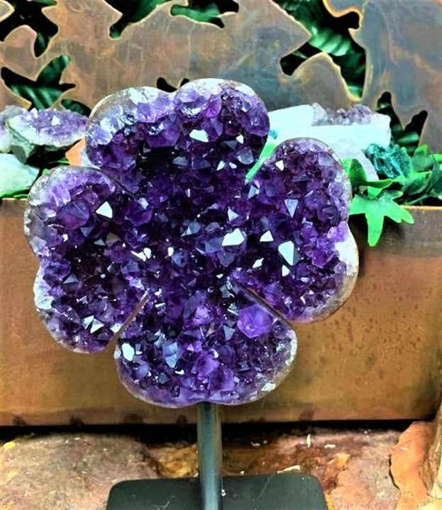 Extra Quality clover-Shaped Amethyst Geode with metal stand