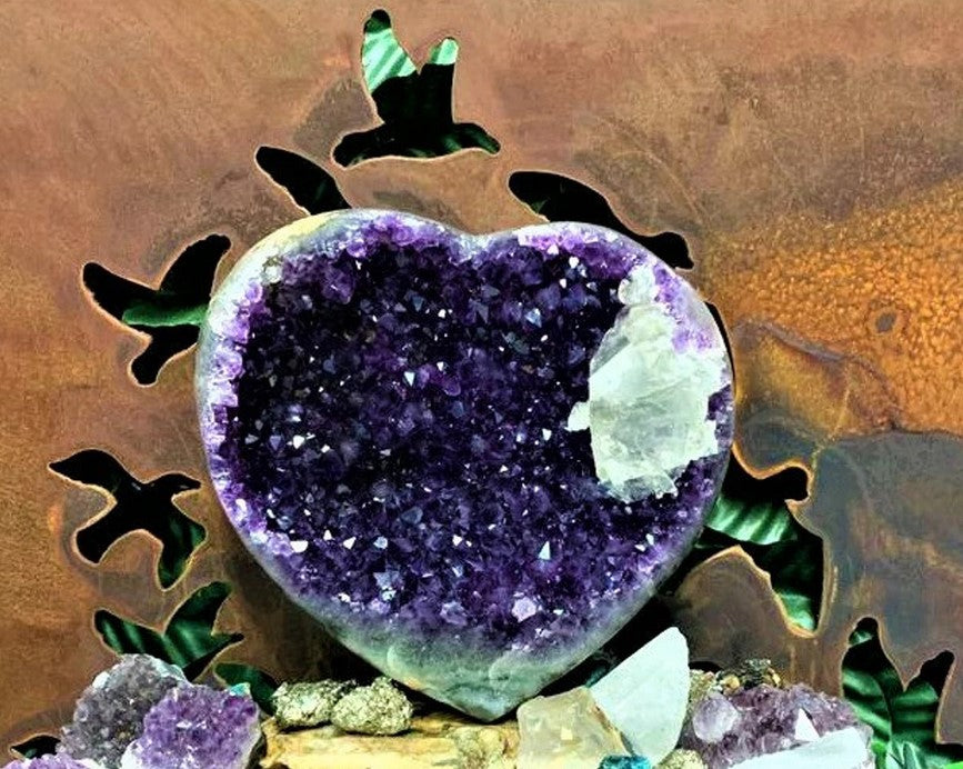 Extra Quality Heart-Shaped Amethyst Geode with metal stand