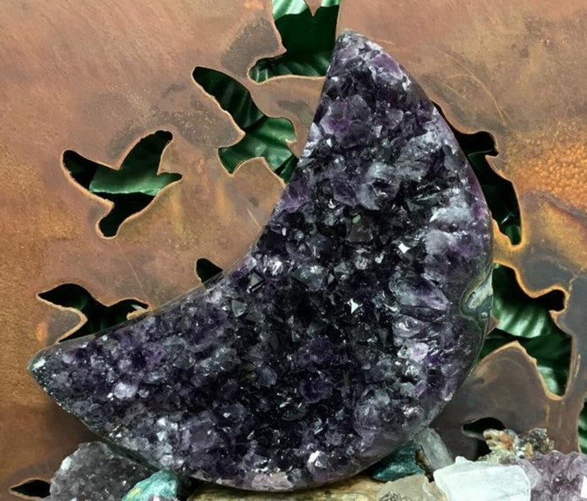 Extra Quality Moon -Shaped Amethyst Geode with metal stand
