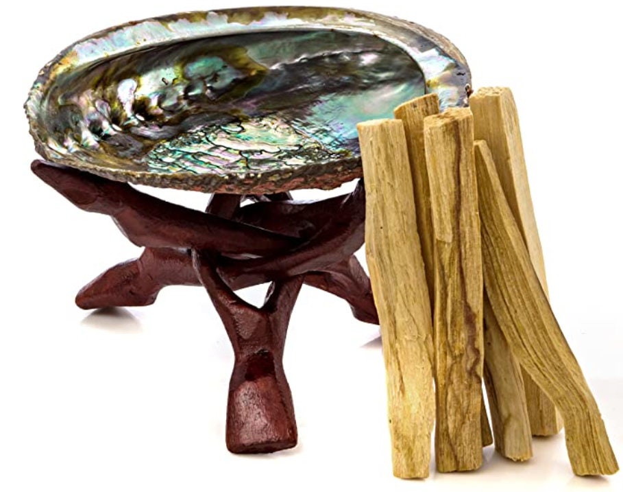 Abalone Shell 4-5"with Stained Wooden Tripod Stand
