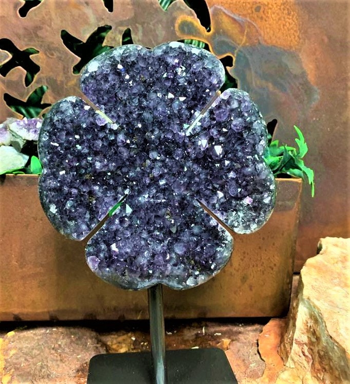 Extra Quality clover-Shaped Amethyst Geode with metal stand